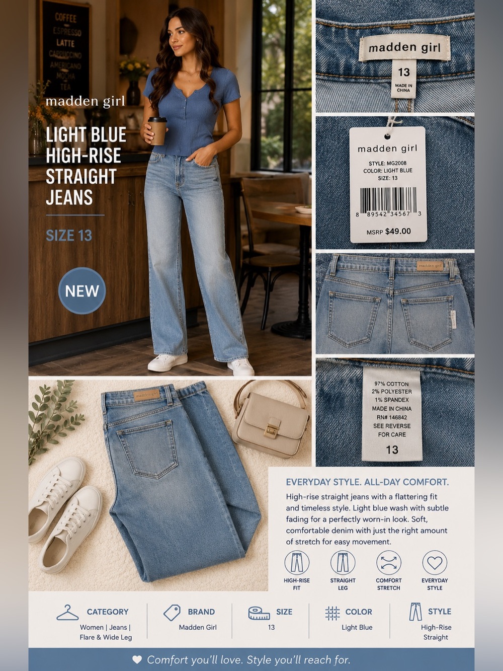 Madden Girl Light Blue High-Rise Straight Jeans Size 13 NEW
